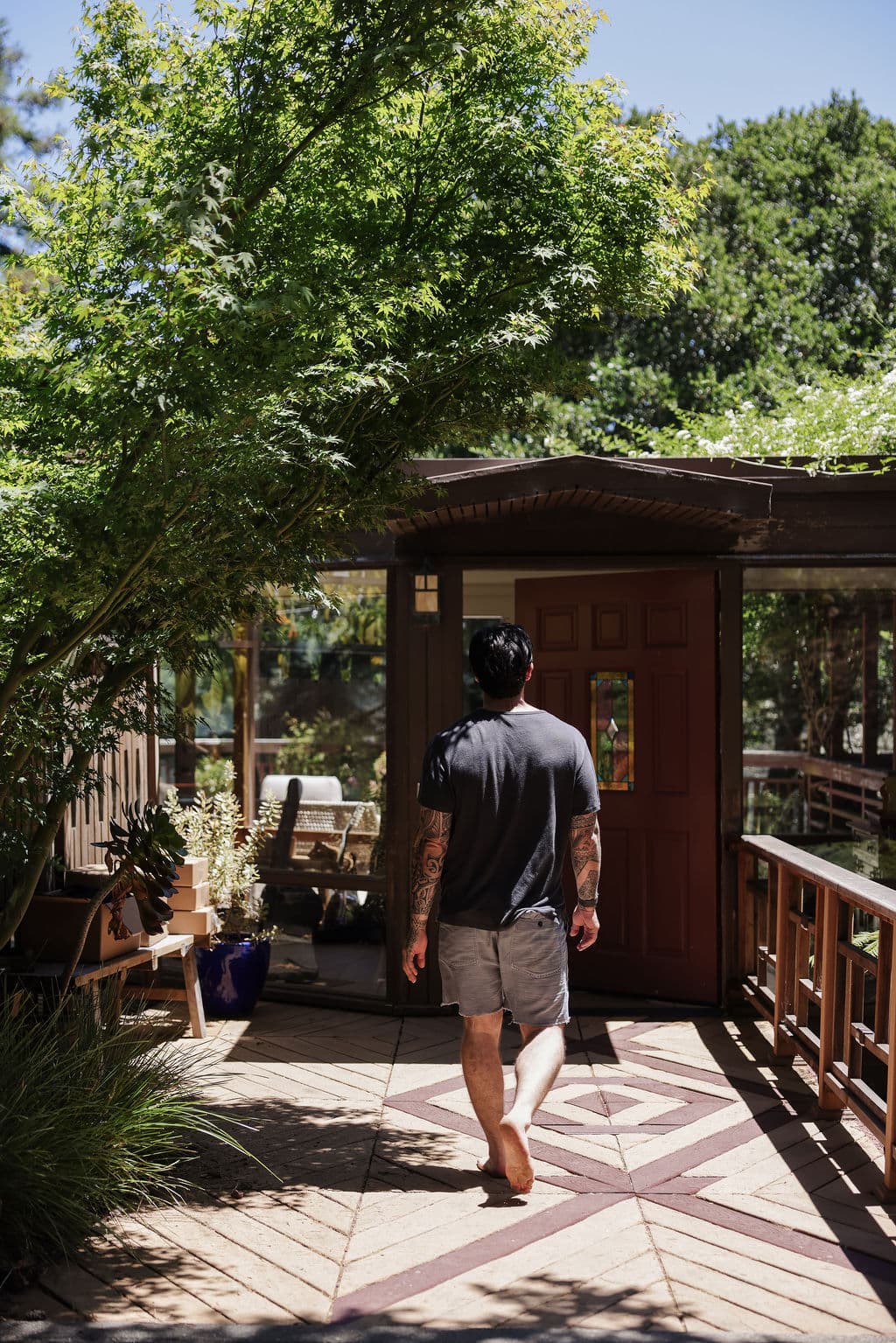 Peter walking barefoot toward home